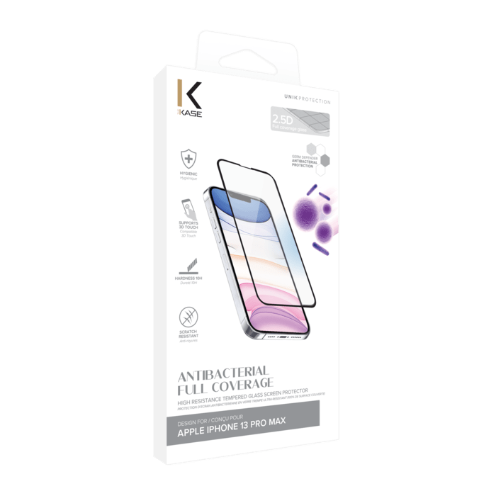 Protection d&rsquo;&eacute;cran antibact&eacute;rienne en verre tremp&eacute; ultra-r&eacute;sistant (100% de surface couverte) pour Apple iPhone 13 Pro Max, Noir