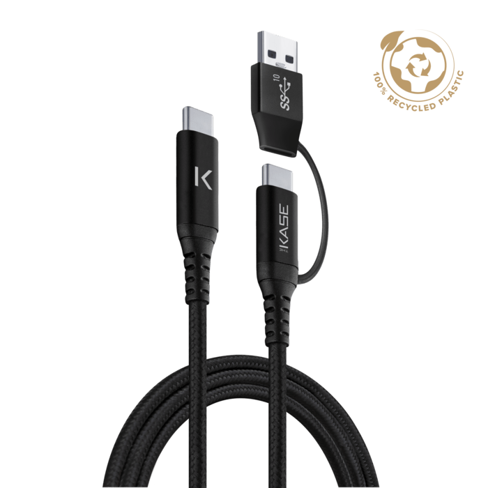 C&acirc;ble tress&eacute; m&eacute;tallique 2-en-1 USB-A & C vers USB-C (USB4 GEN2) fabriqu&eacute; avec des plastiques 100% recycl&eacute;s (1,2M)