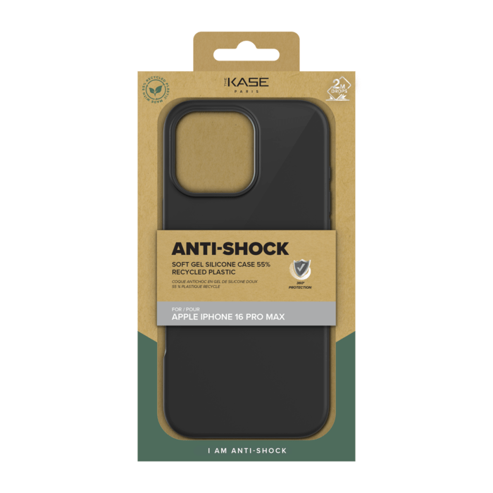Coque antichoc en gel de silicone doux pour 55% de plastique recycl&eacute; Apple iPhone 16 Pro Max, Noir satin