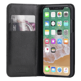 Étui portefeuille en cuir véritable pour Apple iPhone X/XS, cuir de Veau Shrunken Noir