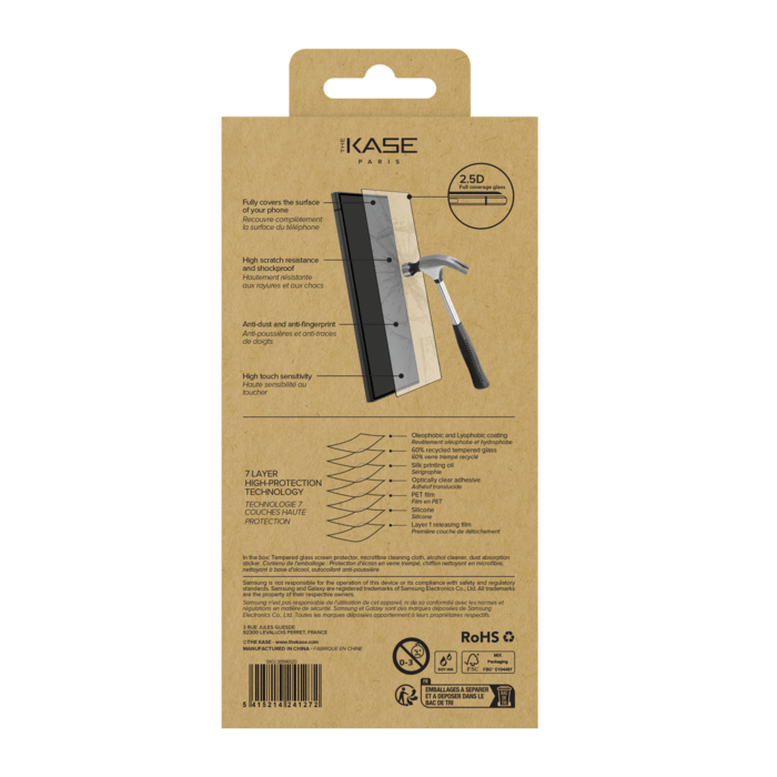 Protection d'&eacute;cran en verre tremp&eacute; (60% verre tremp&eacute; recycl&eacute;) pour Samsung Galaxy S24 Ultra 5G, Noir