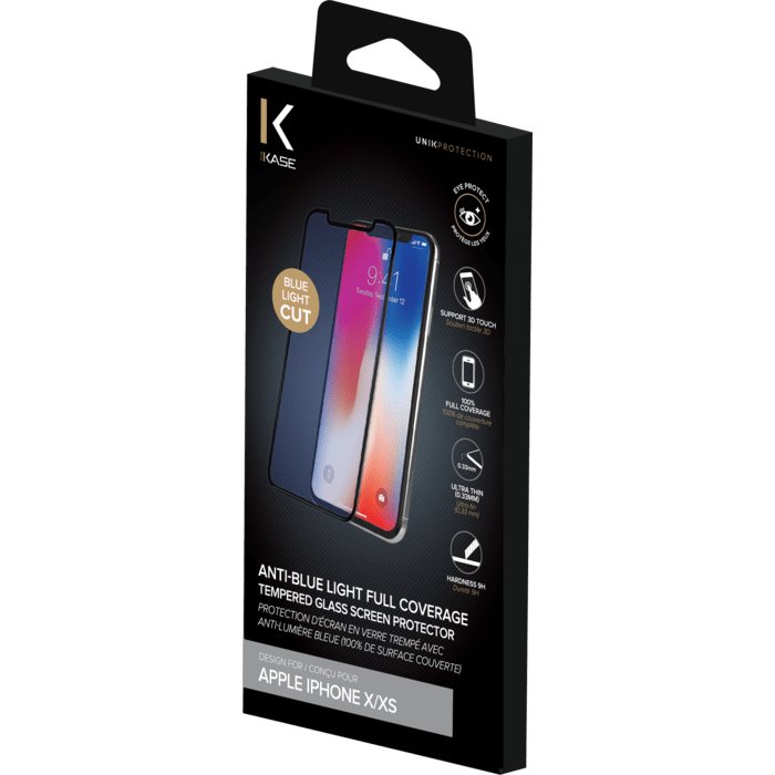 Protection d'&eacute;cran en&nbsp;verre&nbsp;tremp&eacute; avec Anti-lumi&egrave;re bleue (100% de surface couverte) pour iPhone X/XS, Noir