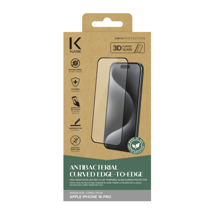 Protection d’écran antibactérienne en verre trempé ultra-résistant à bords incurvés (60% verre trempé recyclé) pour Apple iPhone 16 Pro, Noir