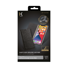 Diarycase 2.0 Coque clapet en cuir v&eacute;ritable avec support aimant&eacute; pour Apple iPhone 12/12 Pro, Minuit Noir