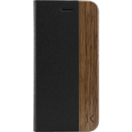Case Flip Case for Apple iPhone 7/8, Black Saffiano & Natural Walnut Wood