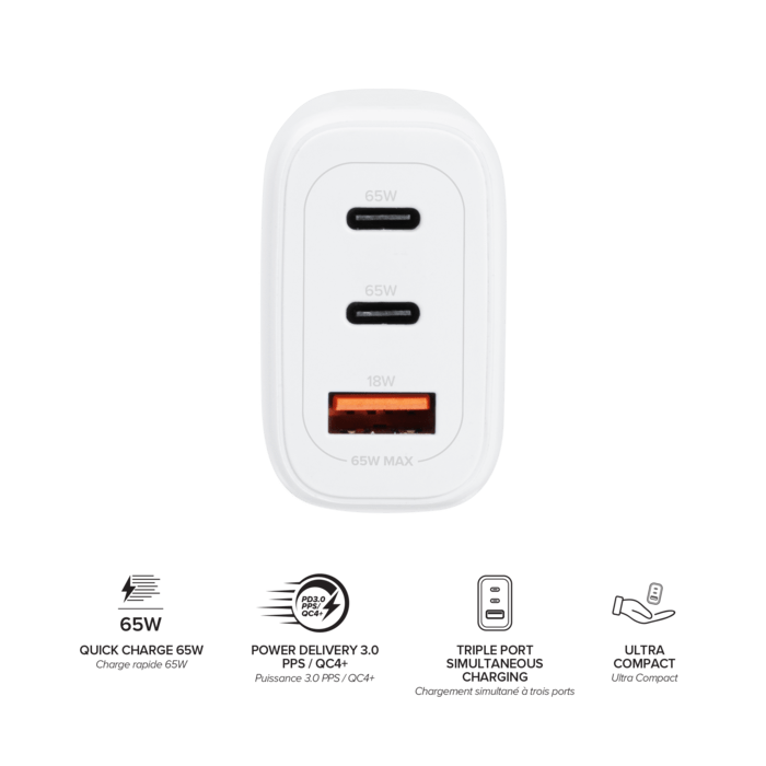 Chargeur Mural Trois Port Supreme+ Power GaN Fabriqu&eacute; Avec du 100% Plastique Recycl&eacute; - 65W (PPS), Blanc