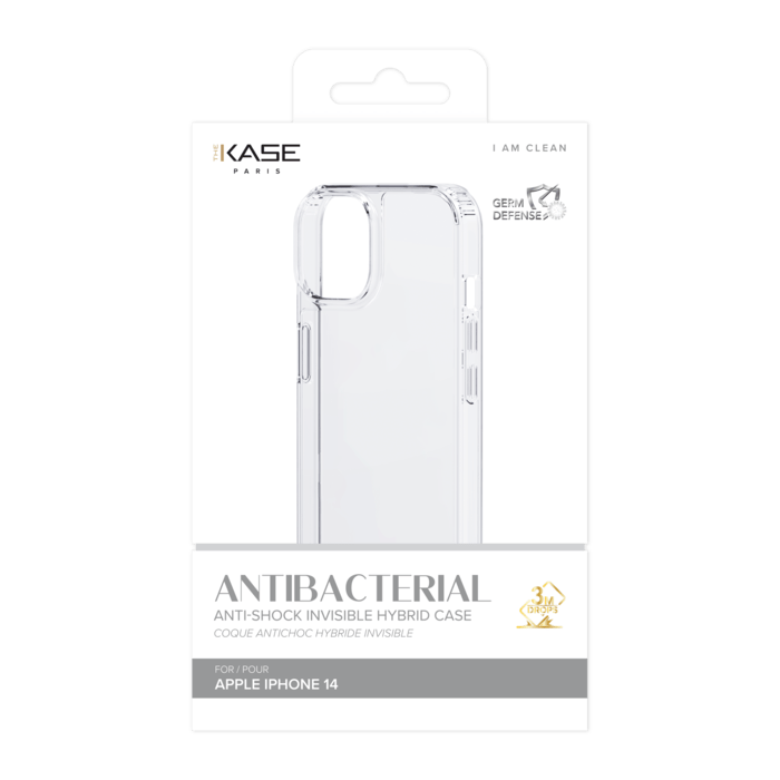 Coque antibact&eacute;rienne antichoc hybride invisible pour Apple iPhone 14, Transparente