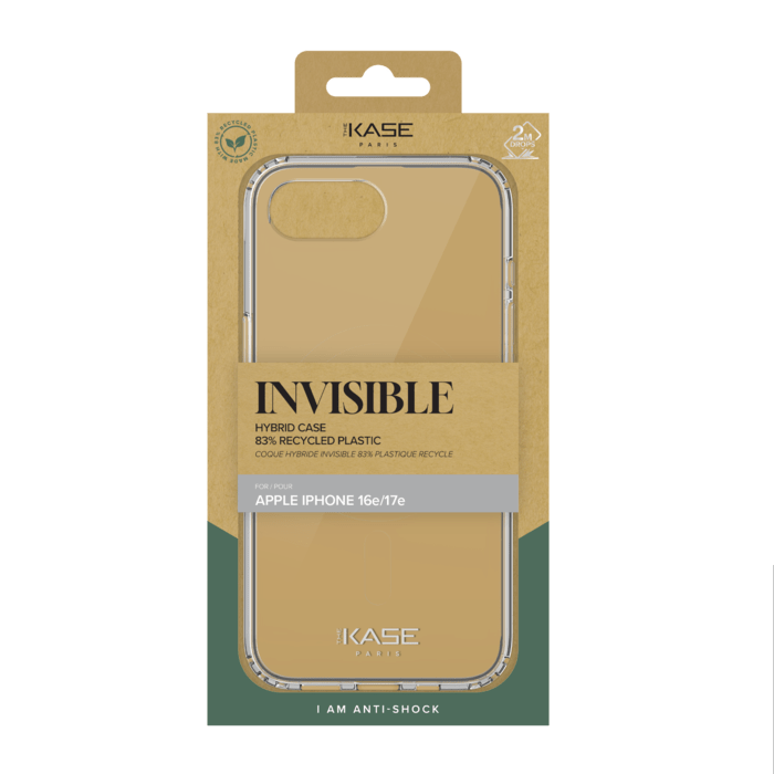 Coque hybride invisible fabriqu&eacute;e &agrave; 83 % de plastique recycl&eacute; pour Apple iPhone 16e/17e, transparente