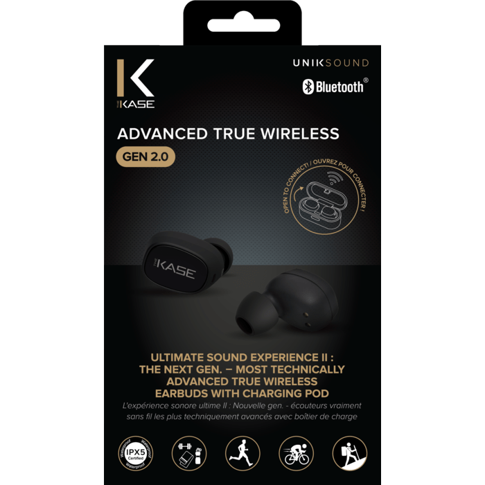 Ecouteurs intra-auriculaires Advanced True Wireless sans fil Gen 2.0 avec bo&icirc;tier de charge, Noir
