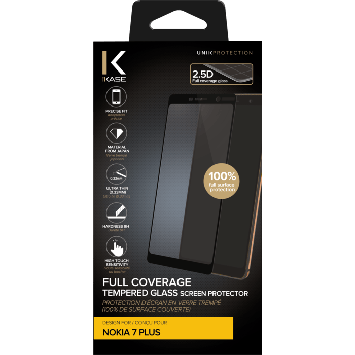 Protection d'&eacute;cran en verre tremp&eacute; (100% d surface couverte) pour Nokia 7 Plus, Noir