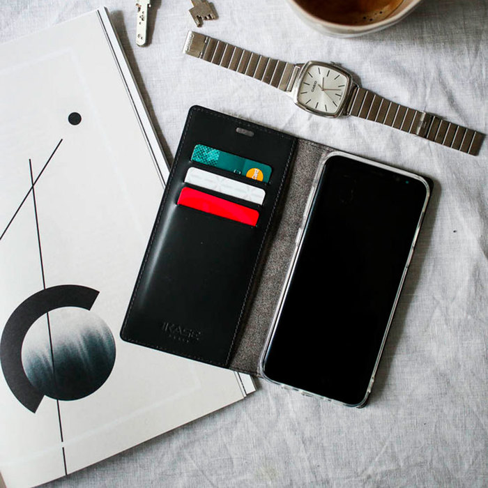 Diarycase Coque clapet en cuir véritable avec support aimanté pour Samsung Galaxy S8+, Noir Lézard