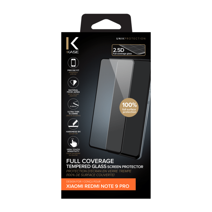 Protection d'&eacute;cran en verre tremp&eacute; (100% de surface couverte) pour Xiaomi Redmi Note 9 Pro, Noir