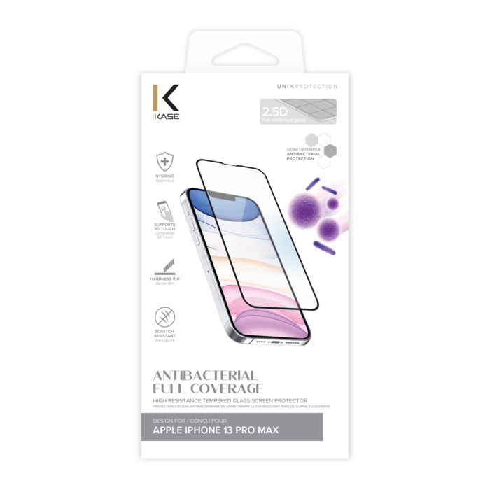 Protection d&rsquo;&eacute;cran antibact&eacute;rienne en verre tremp&eacute; ultra-r&eacute;sistant (100% de surface couverte) pour Apple iPhone 13 Pro Max, Noir
