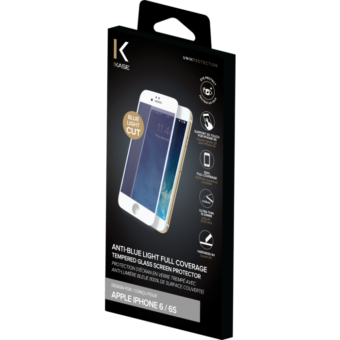Protection d'écran en verre trempé avec Anti-lumière bleue (100% de surface couverte) pour iPhone 6/6s, Blanc
