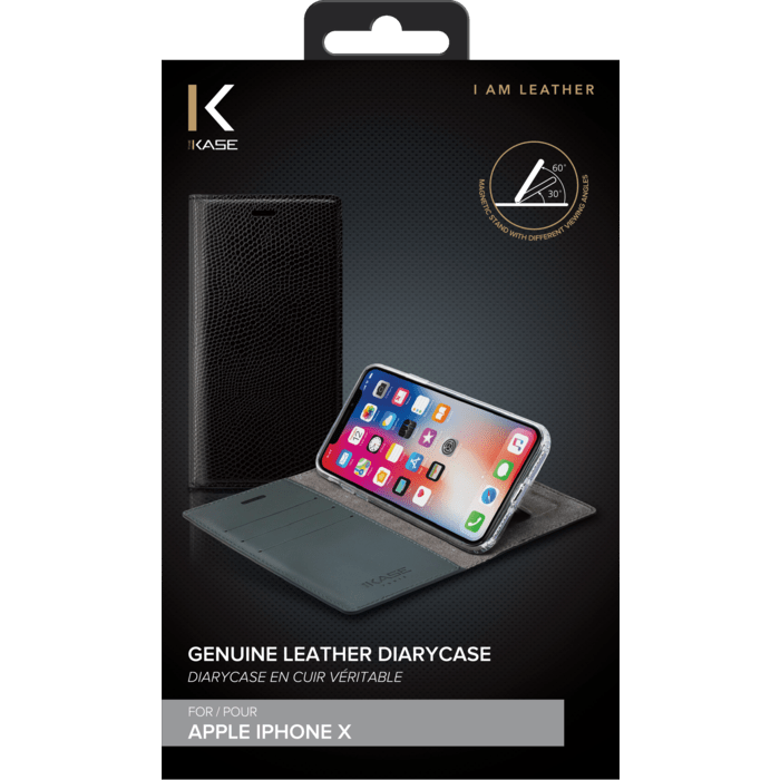 Diarycase Coque clapet en cuir véritable avec support aimanté pour Apple iPhone X, Noir Lézard