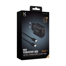 Chargeur mural PowerPort Speed LITE 20 W double USB UE + câble de charge/synchronisation rapide USB-C vers USB-C, noir