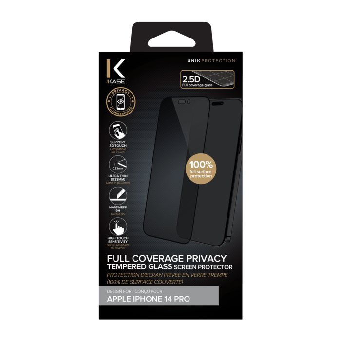 Protection d'&eacute;cran Priv&eacute;e en verre tremp&eacute; (100% de surface couverte) pour Apple iPhone 14 Pro, Noir