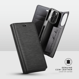 Diarycase 2.0 Coque clapet en cuir véritable avec support aimanté pour Apple iPhone 15 Pro Max, Noir Minuit
