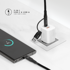 C&acirc;ble tress&eacute; m&eacute;tallique 2-en-1 USB-A & C vers USB-C (USB4 GEN2) fabriqu&eacute; avec des plastiques 100% recycl&eacute;s (1,2M)