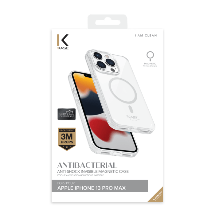Coque antibact&eacute;rienne antichoc magn&eacute;tique invisible pour Apple iPhone 13 Pro Max, Transparente