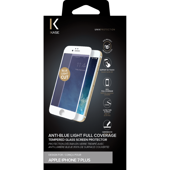 Protection d'&eacute;cran en&nbsp;verre&nbsp;tremp&eacute; avec Anti-lumi&egrave;re bleue (100% de surface couverte) pour iPhone 7 Plus, Blanc
