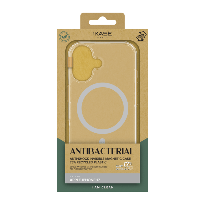 Coque Antibact&eacute;rienne Antichoc Magn&eacute;tique Invisible Fabriqu&eacute; Avec du 75% Plastique Recycl&eacute; pour Apple iPhone 17, Transparente