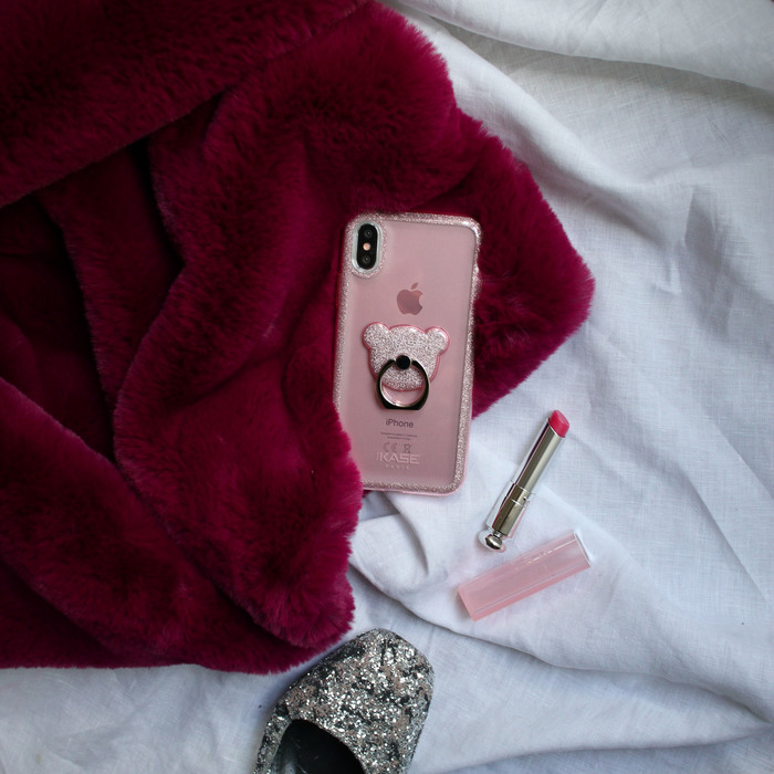Ourson pailleté étincelant anneau accroche & support smartphone, Or Rose