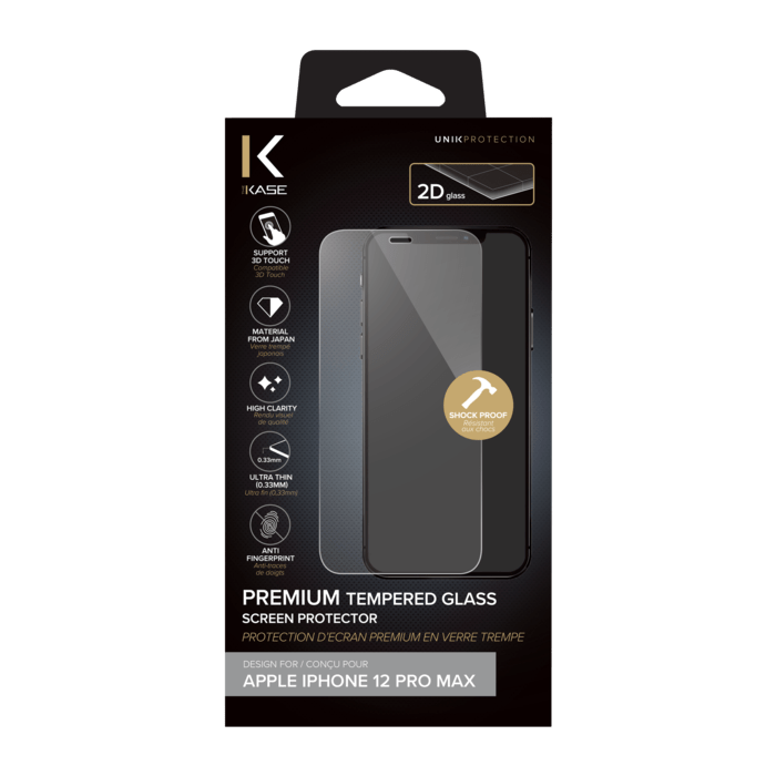 Protection d'&eacute;cran premium en verre tremp&eacute; pour Apple iPhone 12 Pro Max, Transparent