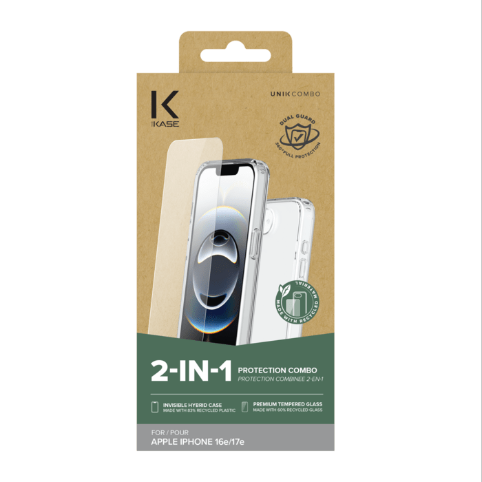Pack combin&eacute; 2 en 1 (Coque hybride invisible, &Eacute;cran en verre tremp&eacute; de qualit&eacute; sup&eacute;rieure) pour Apple iPhone 16e/17e, Transparente