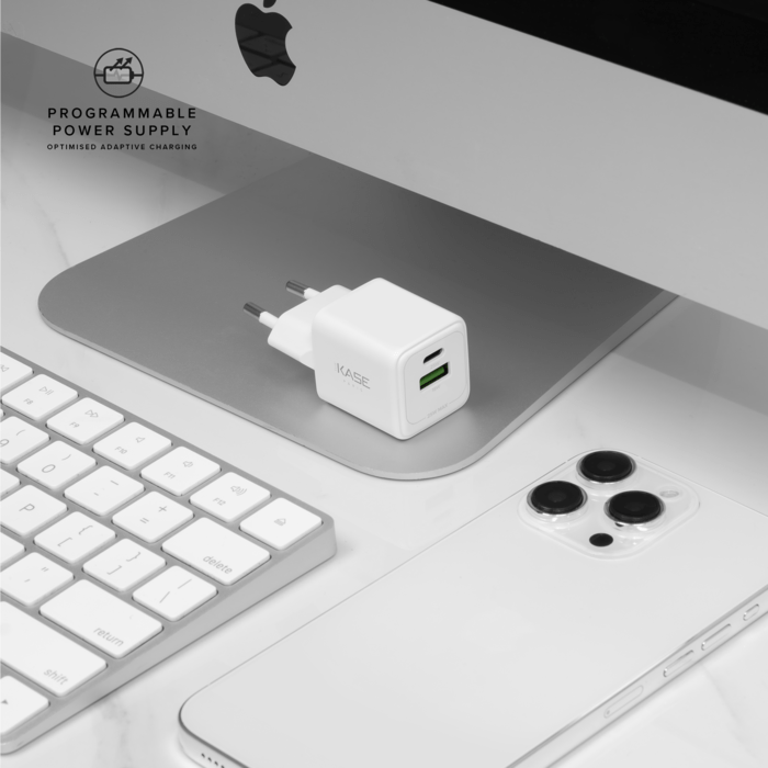 Chargeur Mural Double Port Supreme PowerLite GaN Fabriqu&eacute; Avec du 100% Plastique Recycl&eacute; - 25W (PPS), Blanc