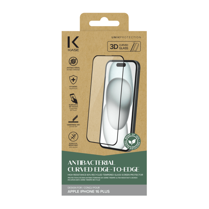 Protection d&rsquo;&eacute;cran antibact&eacute;rienne en verre tremp&eacute; ultra-r&eacute;sistant &agrave; bords incurv&eacute;s (60% verre tremp&eacute; recycl&eacute;) pour Apple iPhone 16 Plus, Noir