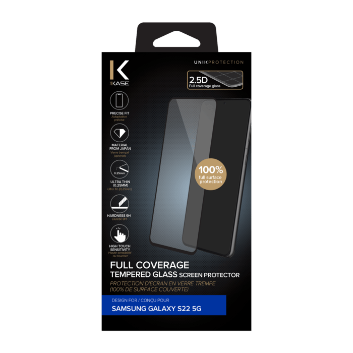 Protection d'&eacute;cran en verre tremp&eacute; (100% de surface couverte) pour Samsung Galaxy S22 5G, Noir