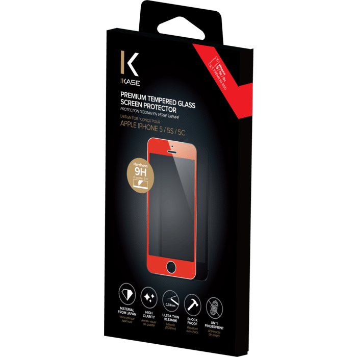 Protection d'&eacute;cran premium en verre tremp&eacute; pour Apple iPhone 5/5s/5C/SE, Rouge