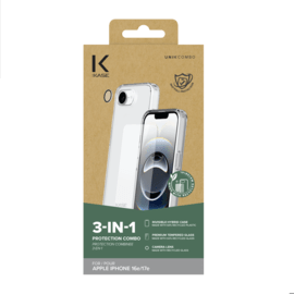 Pack combin&eacute; 3 en 1 (Coque hybride invisible, &Eacute;cran en verre tremp&eacute; de qualit&eacute; sup&eacute;rieure et Protecteur de l&rsquo;objectif de la cam&eacute;ra) pour Apple iPhone 16e/17e, Transparente