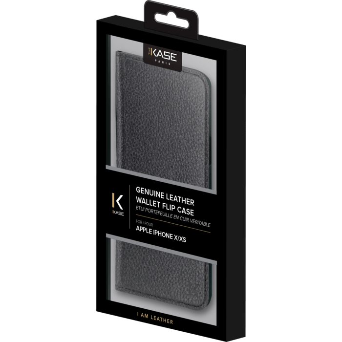 &Eacute;tui portefeuille en cuir v&eacute;ritable pour Apple iPhone X/XS, cuir de Veau Shrunken Noir