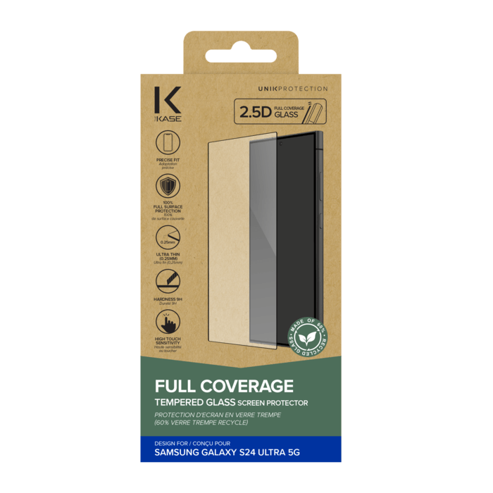Protection d'&eacute;cran en verre tremp&eacute; (60% verre tremp&eacute; recycl&eacute;) pour Samsung Galaxy S24 Ultra 5G, Noir