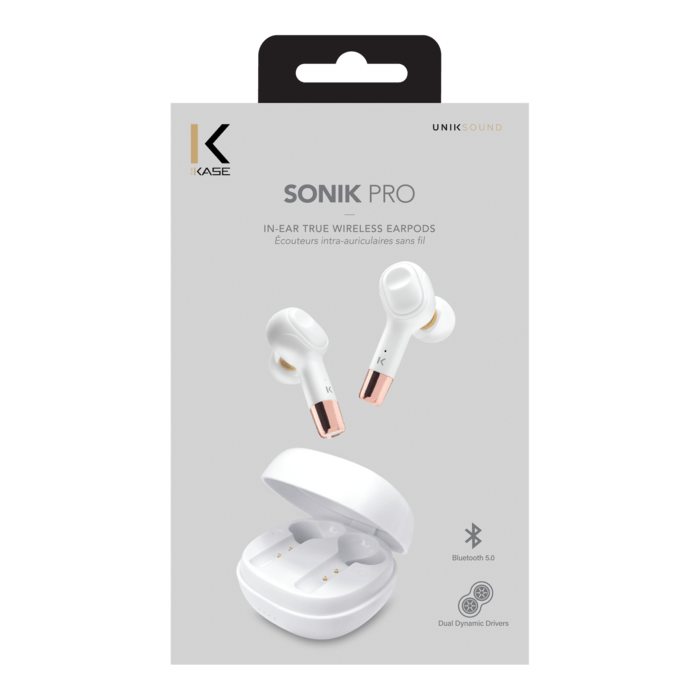 &Eacute;couteurs sans fil Sonik Pro intra-auriculaires avec bo&icirc;tier de chargement, Blanc perle