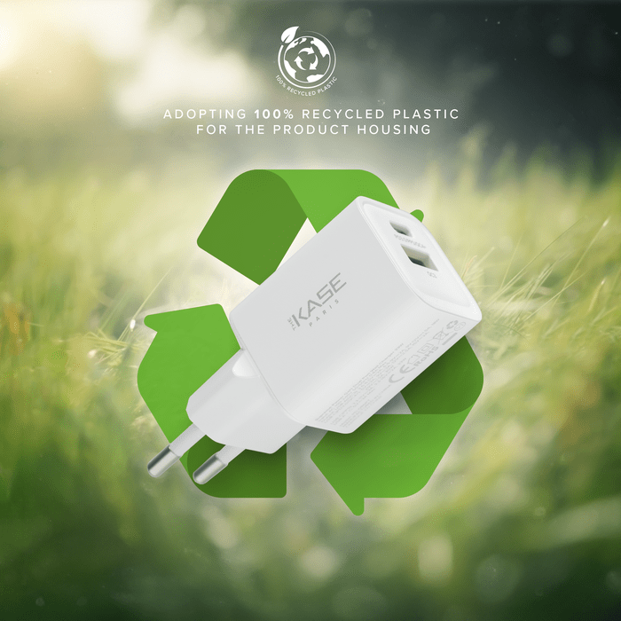 Chargeur Mural Double Port Supreme Power GaN Fabriqu&eacute; Avec du 100% Plastique Recycl&eacute; - 33 W (PPS), Blanc