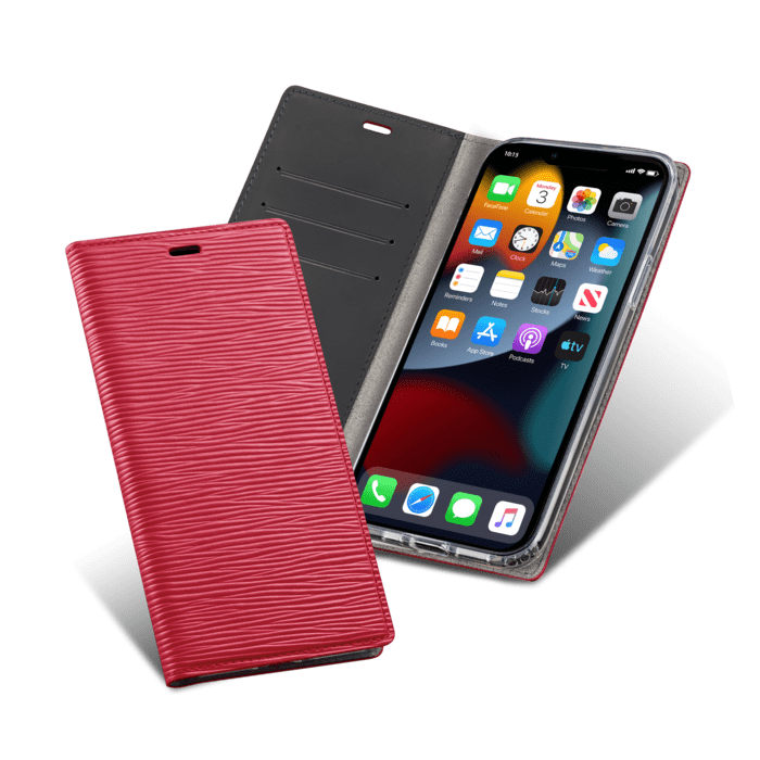 Diarycase 2.0 Coque clapet en cuir v&eacute;ritable avec support aimant&eacute; pour Apple iPhone 13 Pro, Rouge Bordeaux