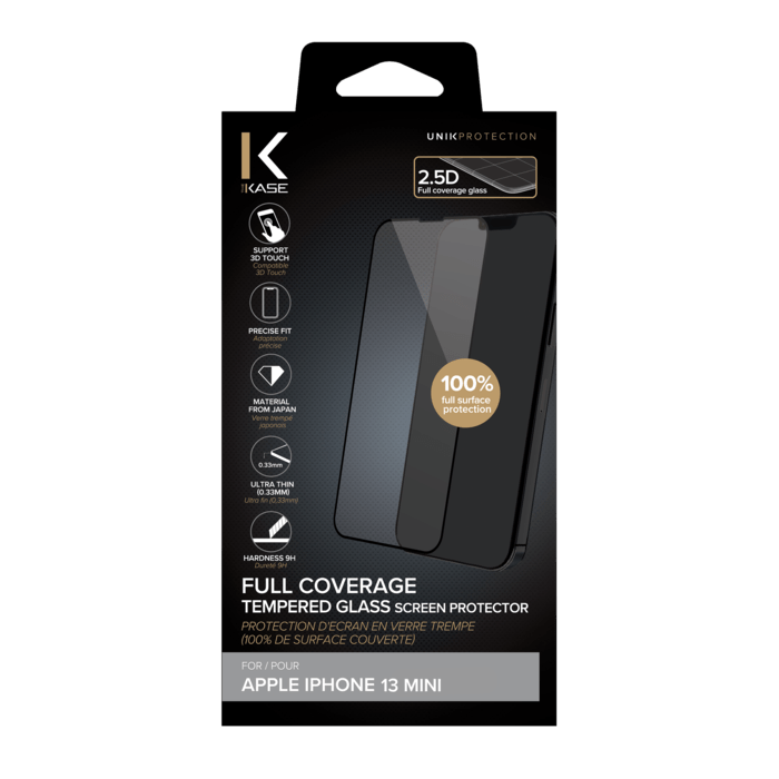 Protection d'&eacute;cran en verre tremp&eacute; (100% de surface couverte) pour Apple iPhone 13 mini, Noir