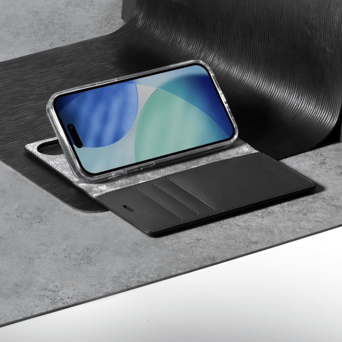 Diarycase 2.0 Coque clapet en cuir v&eacute;ritable avec support aimant&eacute; et fabriqu&eacute; avec un &eacute;tui en plastique recycl&eacute; pour Apple iPhone 17, Noir Minuit