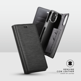 Diarycase 2.0 Coque clapet en cuir v&eacute;ritable avec support aimant&eacute; et fabriqu&eacute; avec un &eacute;tui en plastique recycl&eacute; pour Apple iPhone 15, Noir Minuit
