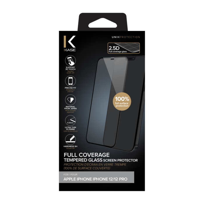 Protection d'&eacute;cran en verre tremp&eacute; (100% de surface couverte) pour Apple iPhone 12/12 Pro, Noir