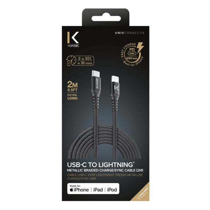 Apple MFi certified Metallic braided USB-C to Lightning Charge/Sync cable (2M), Black