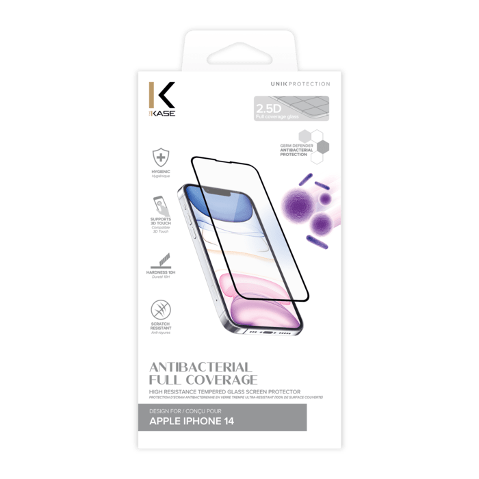 Protection d’écran antibactérienne en verre trempé ultra-résistant (100% de surface couverte) pour Apple iPhone 14, Noir