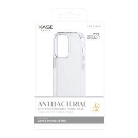 Coque antibact&eacute;rienne antichoc hybride invisible pour Apple iPhone 14 Pro, Transparente