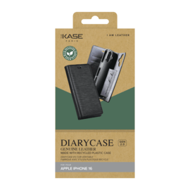 Diarycase 2.0 Coque clapet en cuir v&eacute;ritable avec support aimant&eacute; et fabriqu&eacute; avec un &eacute;tui en plastique recycl&eacute; pour Apple iPhone 16, Noir Minuit