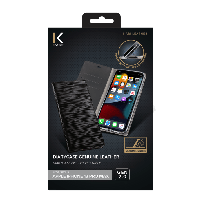 Diarycase 2.0 Coque clapet en cuir véritable avec support aimanté pour Apple iPhone 13 Pro Max, Minuit Noir