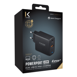 Chargeur secteur mural UE double USB universel PowerPort Speed+ Charge Rapide 45W (QC 4+/Power Delivery), Noir