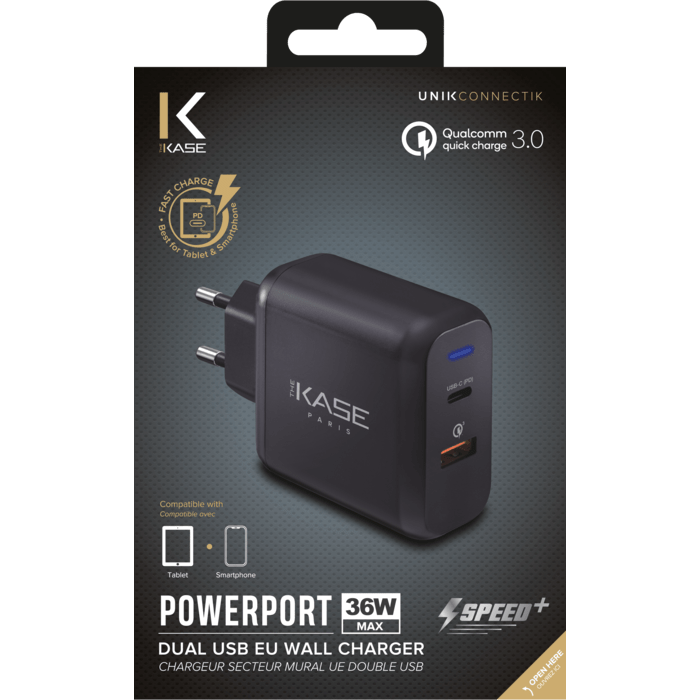 Chargeur secteur mural UE double USB universel PowerPort Speed+ Charge Rapide 36W (Qualcomm 3.0/Power Delivery), Noir